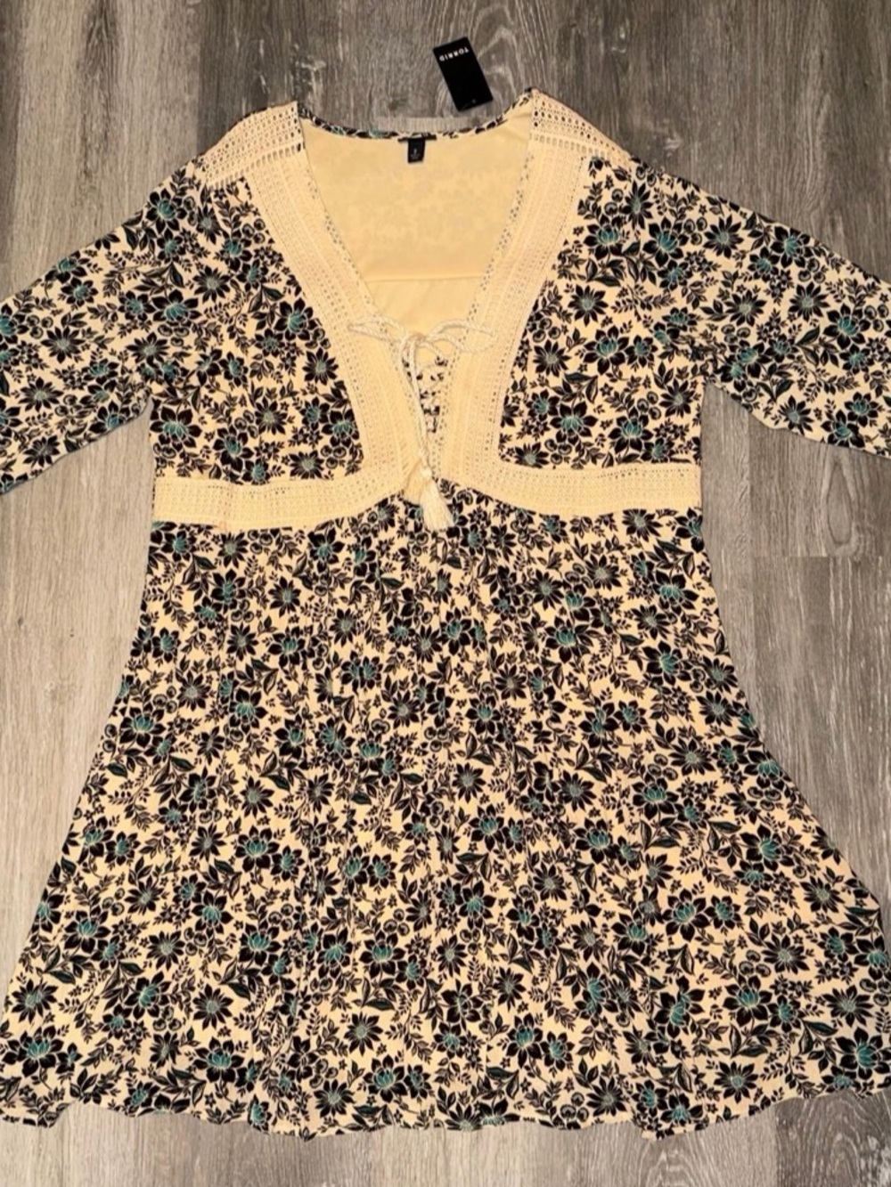 torrid Cream Floral Mini Dress with Black and Teal Accents